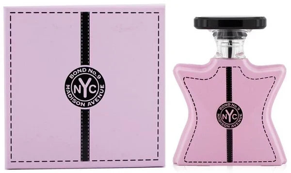 Hub Wavy Bond No. 9 New York Madison Ave perfume bottle for women, 100ml, elegant glass with floral and cityscape design