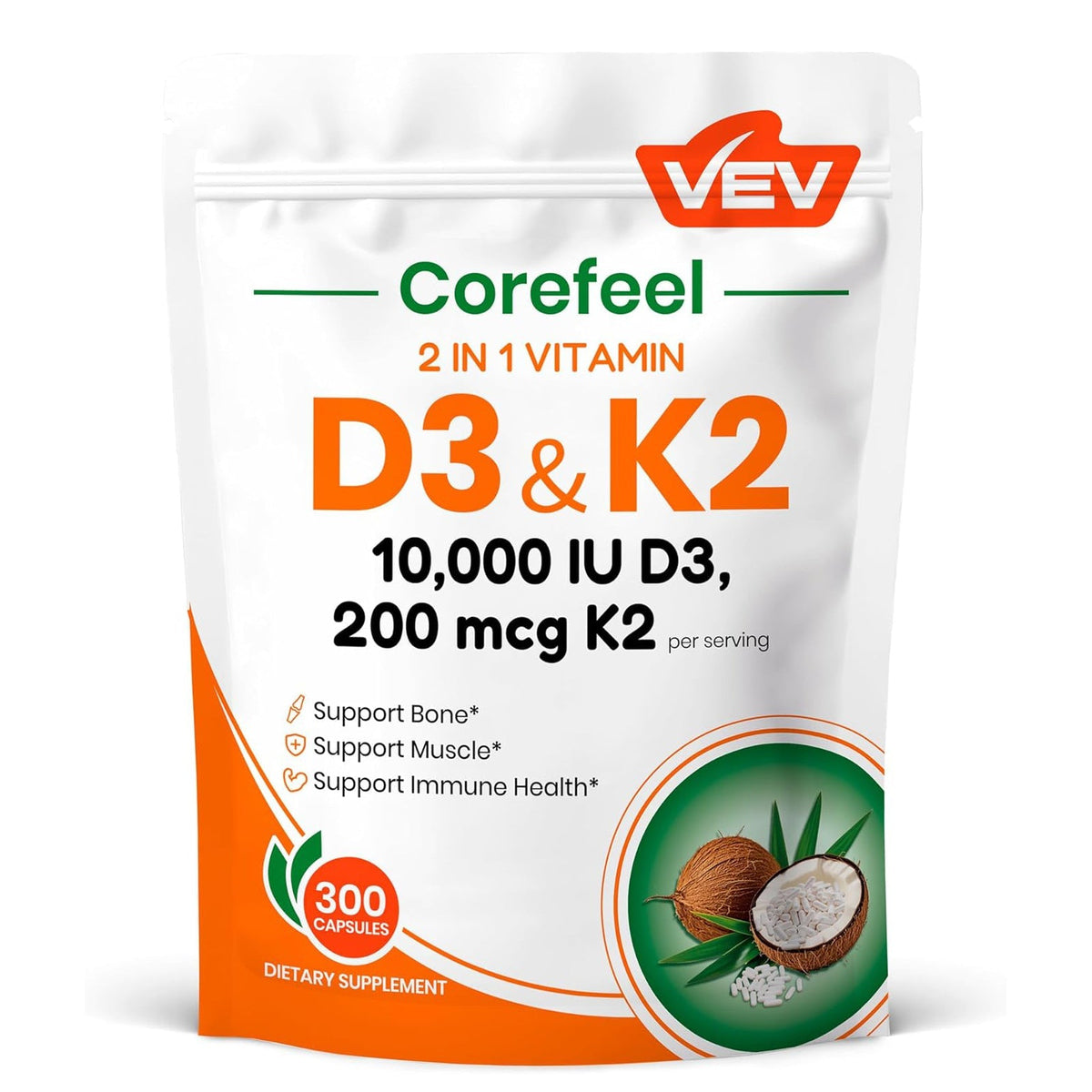 VEV Vitamin D3 K2 – 10,000 IU D3, 200mcg MK7