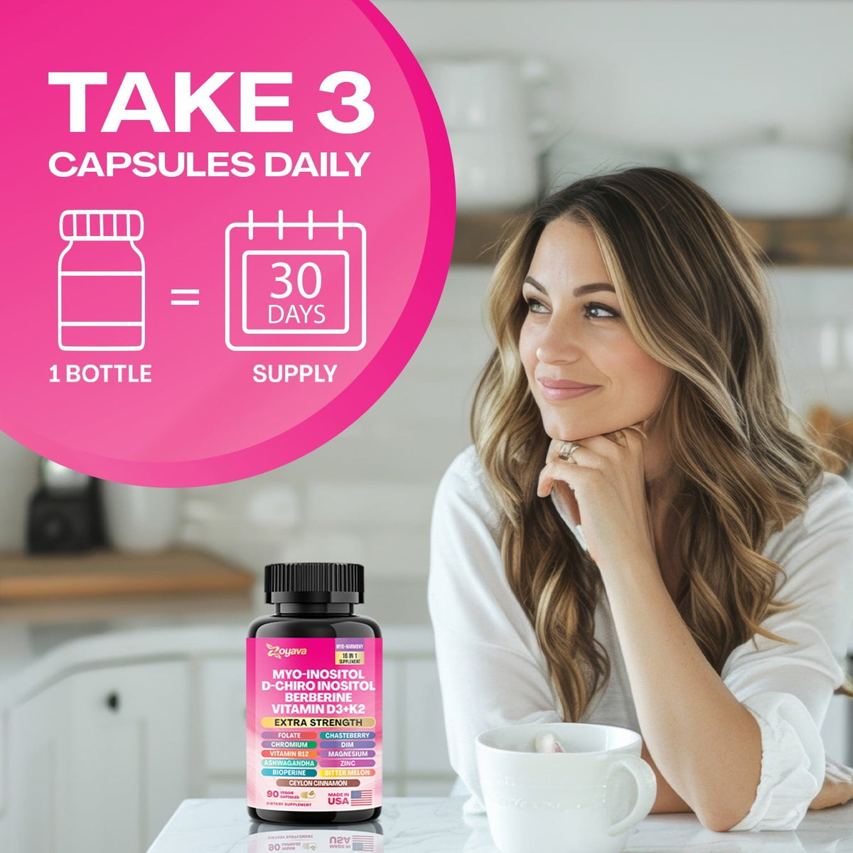 Zoyava Myo Inositol Women's Supplement 750mg, Berberine 500mg, D-Chiro Inositol 50mg, Folate 400mcg, Chromium 100mcg, Ceylon Cinnamon 200mg, Ashwagandha 100mg, DIM 75mg, 90 Capsules