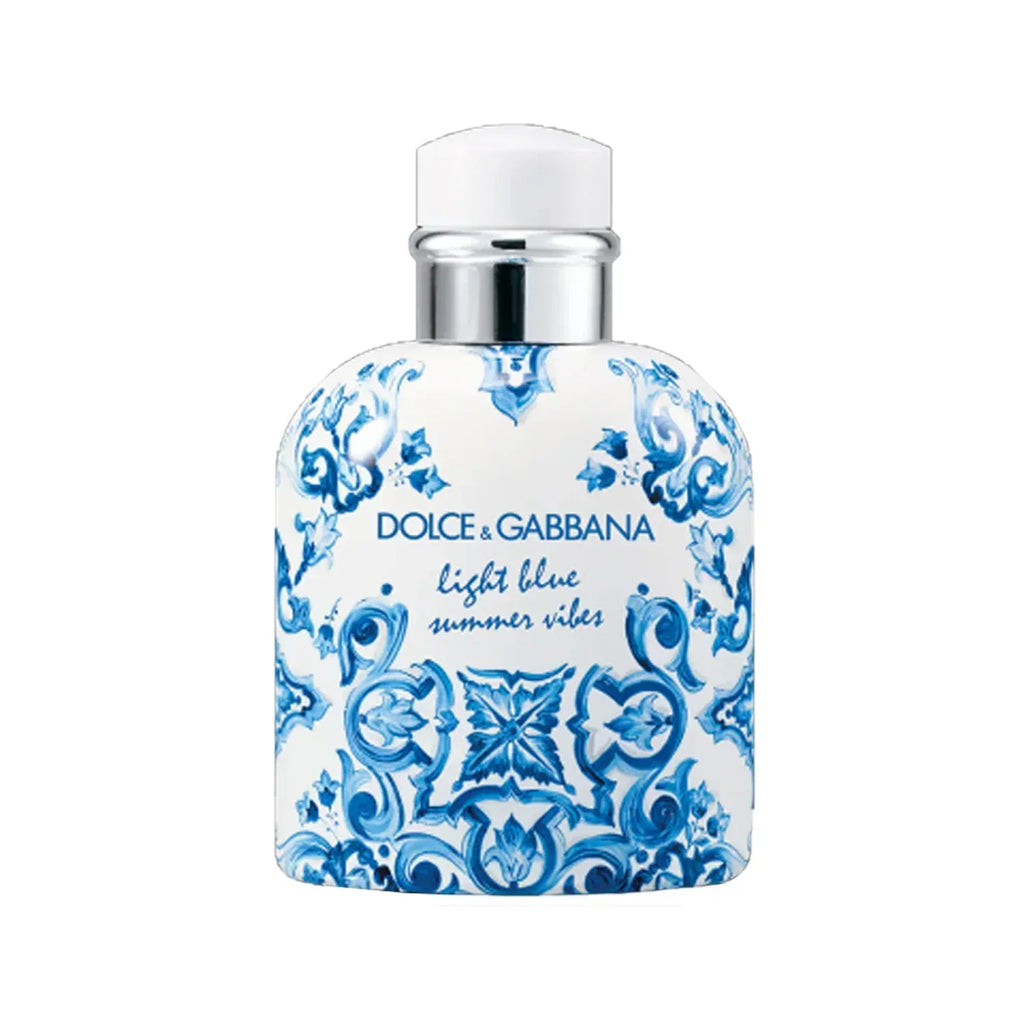 Hub Wavy Dolce & Gabbana Light Blue Pour Homme perfume bottle with summer-themed packaging and vibrant blue accents.
