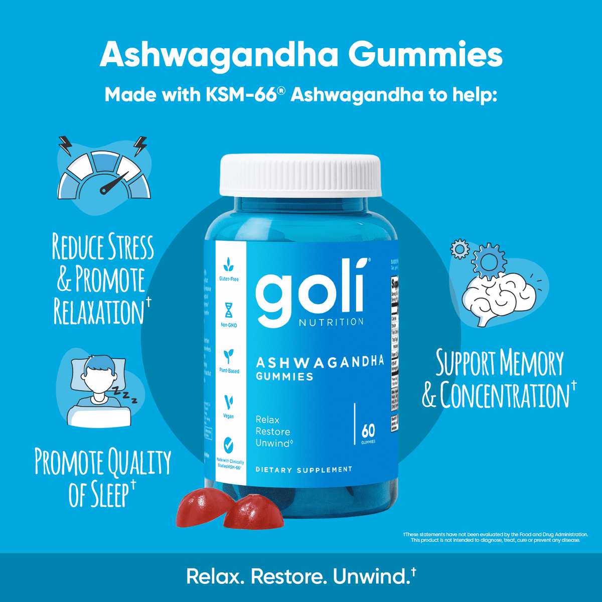 Goli Ashwagandha Vegan Gummies, KSM-66 & Vitamin D, 60 Count