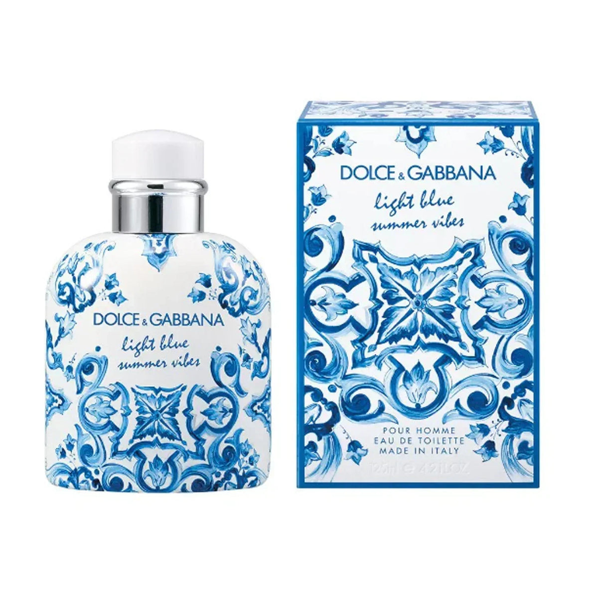 Hub Wavy Dolce & Gabbana Light Blue Pour Homme summer fragrance bottle, 3.4 fl oz, with a sleek blue design for men.