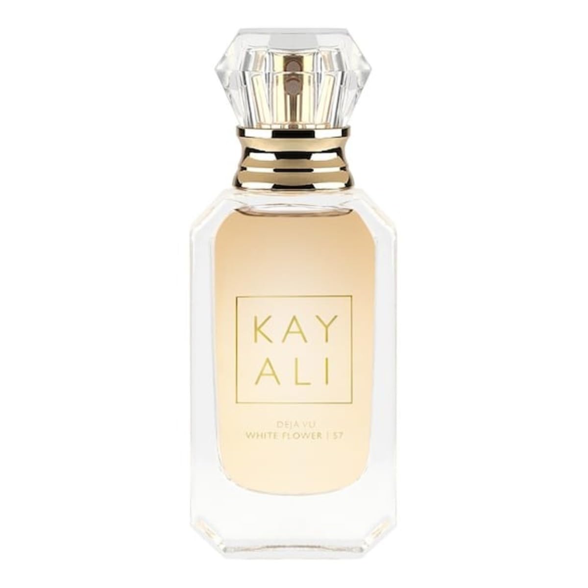 Hub Wavy Kayali Huda Beauty Deja Vu White Flower perfume bottle with white floral and woody accents, 3.4 oz long-lasting fragrance for women.