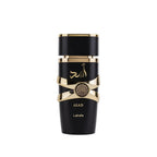 Lattafa Asad unisex perfume bottle by Hub Wavy, 100 ml (3.4 oz), elegant glass bottle with gold accents.