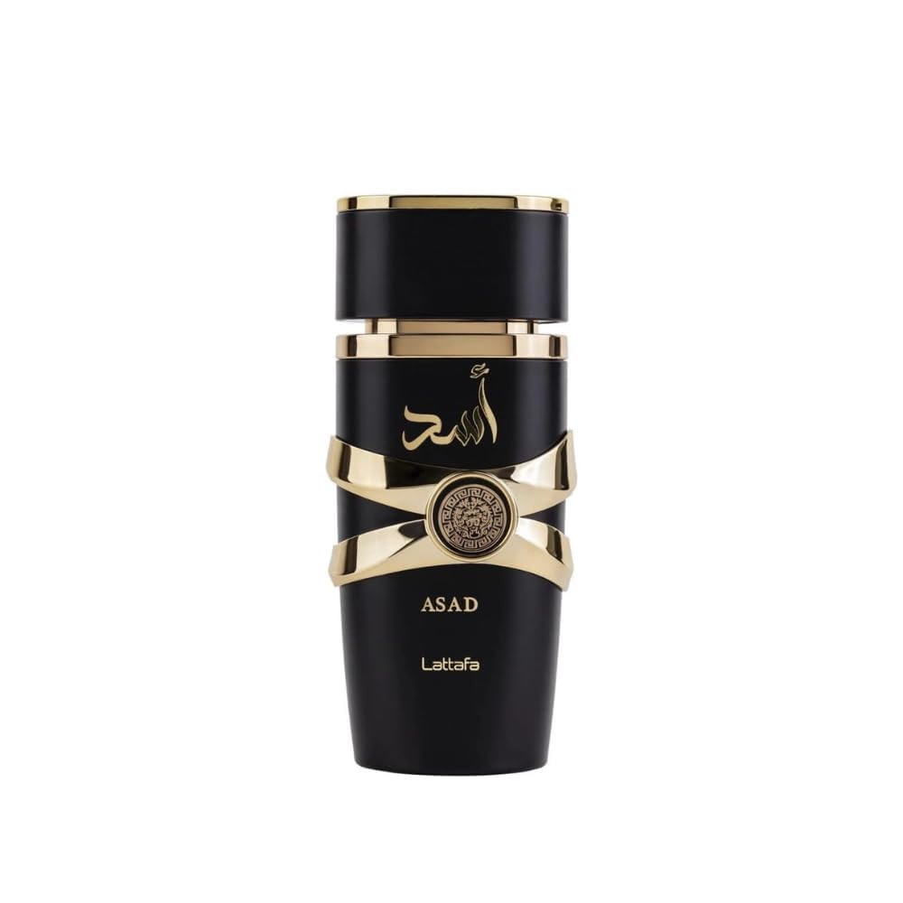 Lattafa Asad unisex perfume bottle by Hub Wavy, 100 ml (3.4 oz), elegant glass bottle with gold accents.