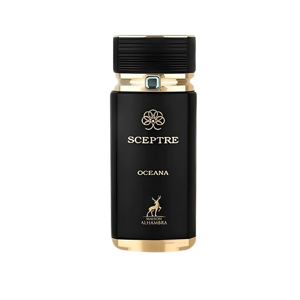 Hub Wavy Maison Alhambra Sceptre Oceana perfume bottle, luxury unisex fragrance with elegant design and blue accents.