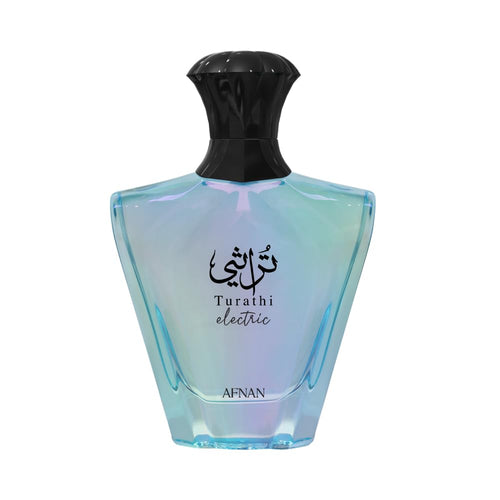 Hub Wavy Afnan Turathi Electric unisex perfume bottle, 3.4 oz luxury fragrance with elegant packaging and modern design.