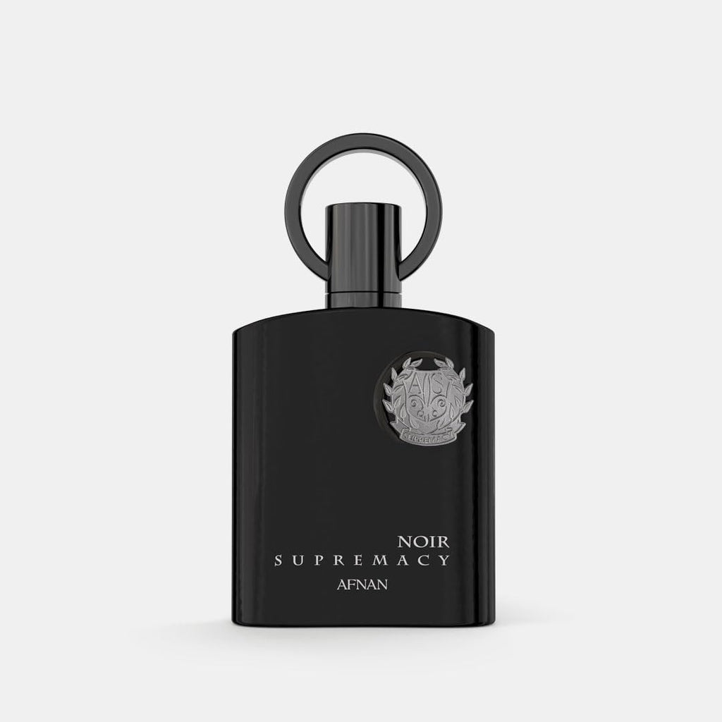 Afnan Supremacy Noir men’s luxury perfume bottle by Hub Wavy, 3.4 fl oz, sleek design with dark accents and elegant packaging.