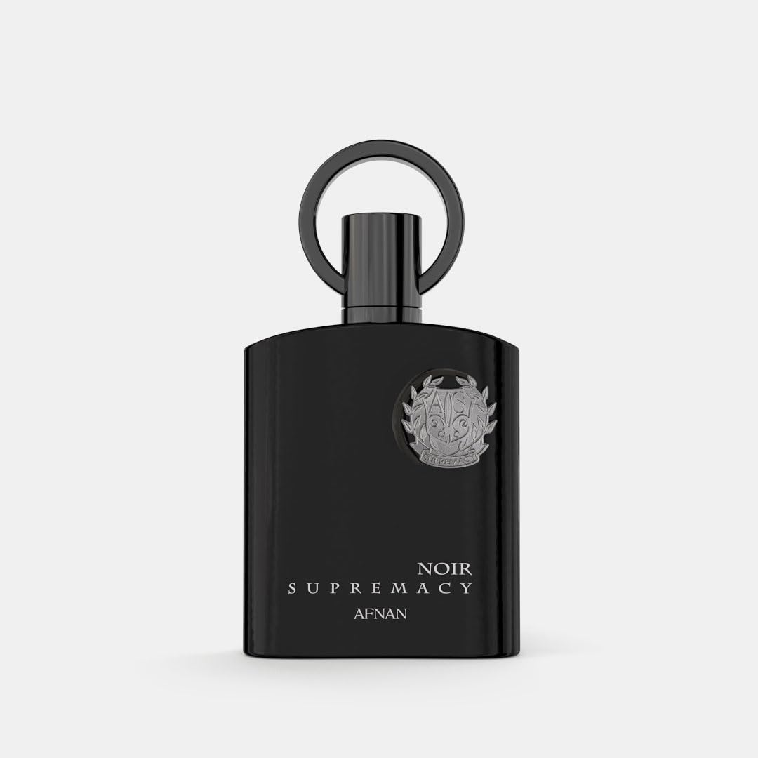Afnan Supremacy Noir men’s luxury perfume bottle by Hub Wavy, 3.4 fl oz, sleek design with dark accents and elegant packaging.
