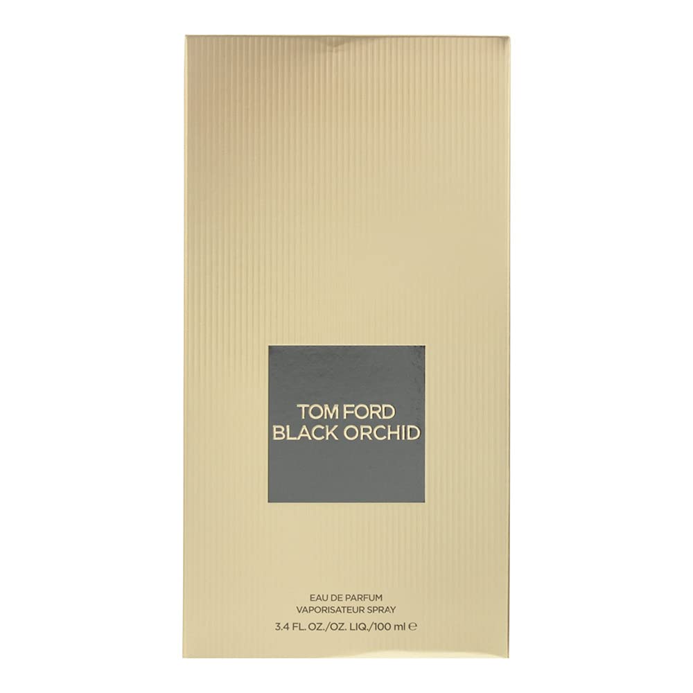 Tom Ford Black Orchid 3.4 oz luxury women's perfume bottle with sleek black design and gold accents, displayed on a neutral background.