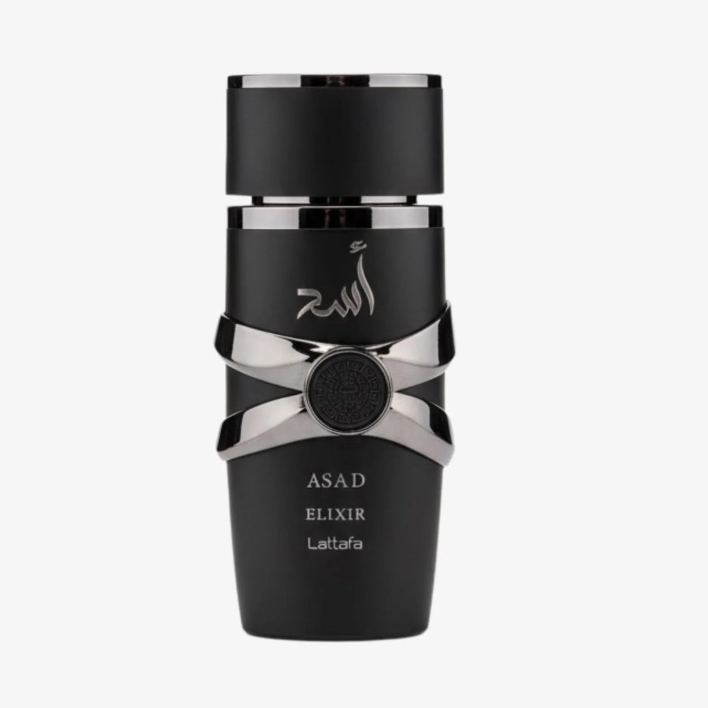 Lattafa ASAD Elixir unisex perfume bottle by Hub Wavy, 3.4 oz, luxury long-lasting fragrance with elegant packaging.