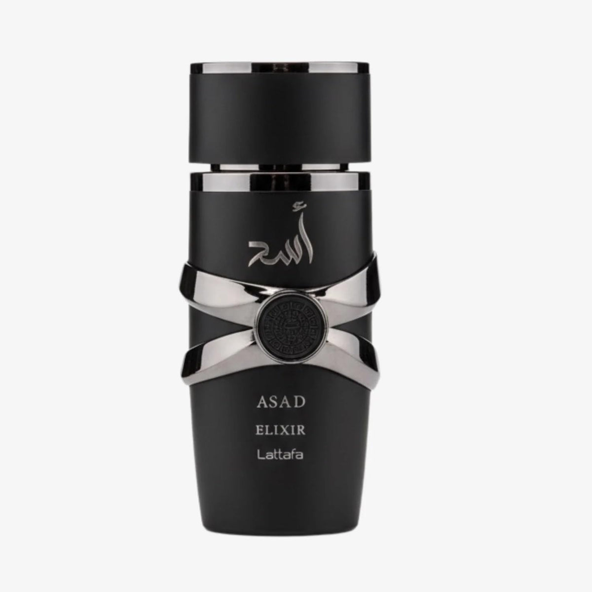 Lattafa ASAD Elixir unisex perfume bottle by Hub Wavy, 3.4 oz, luxury long-lasting fragrance with elegant packaging.