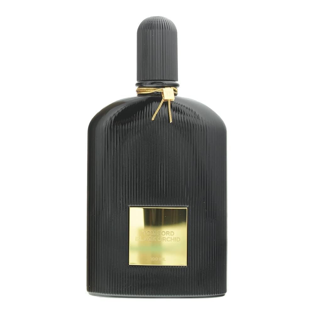 Tom Ford Black Orchid luxury women's perfume bottle with black and gold design, 3.4 oz / 100 ml, displayed on a white background.