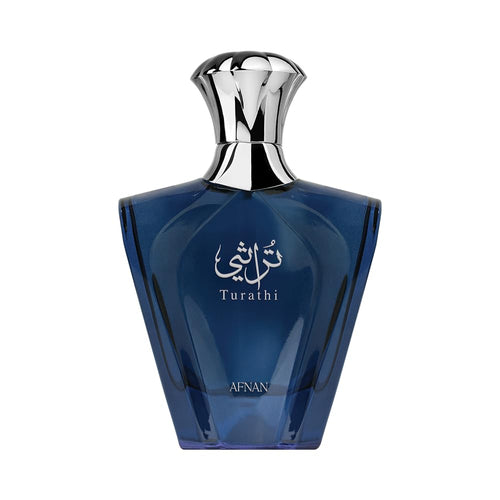 Hub Wavy Afnan Turathi Blue 3.0 fl oz men's perfume bottle with sleek design and blue accents, showcasing luxury woody fresh fragrance.
