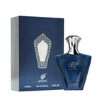Hub Wavy Afnan Turathi Blue luxury men's perfume bottle, 3 oz, featuring woody, fresh scent in a sleek blue design.