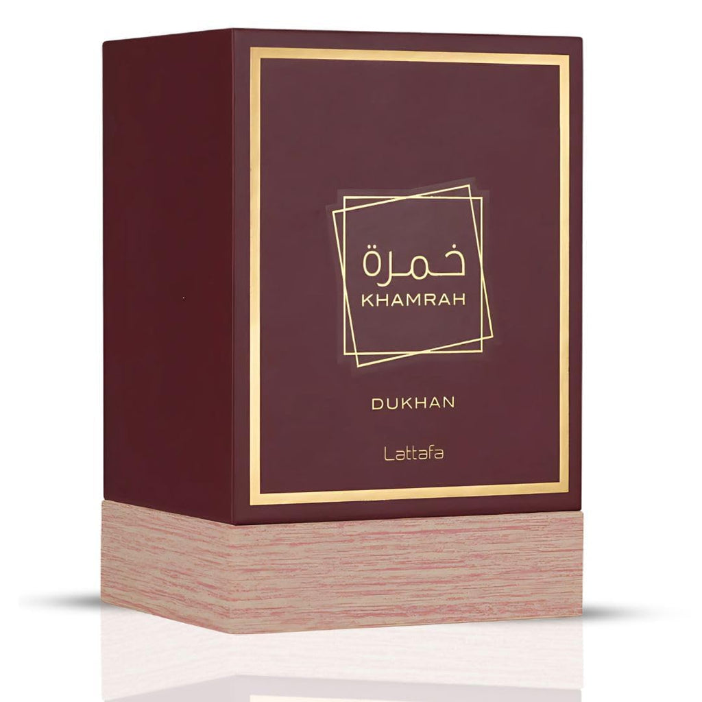 Hub Wavy Lattafa KHAMRAH DUKHAN unisex perfume bottle, 3.4 oz, elegant design showcasing luxury fragrance for men and women.