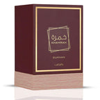 Hub Wavy Lattafa KHAMRAH DUKHAN unisex perfume bottle, 3.4 oz, elegant design showcasing luxury fragrance for men and women.