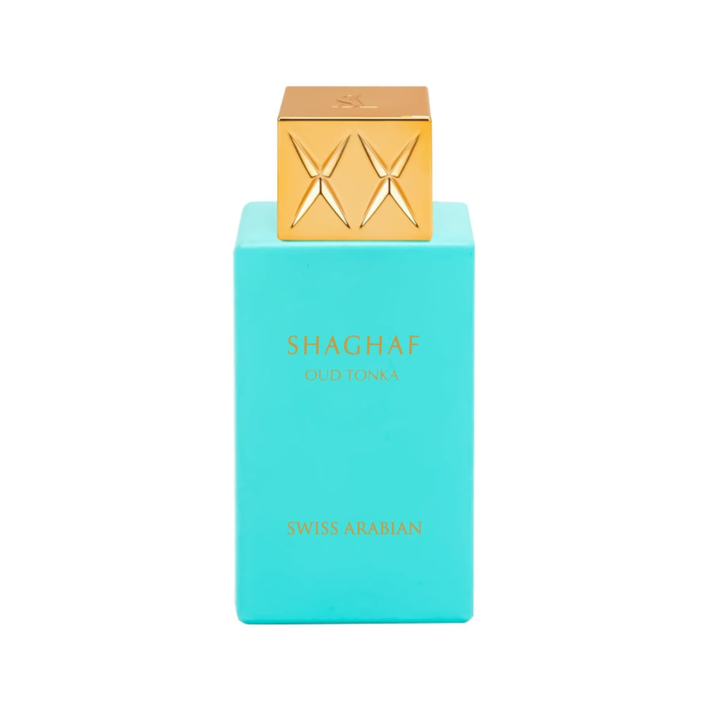 Hub Wavy Swiss Arabian Shaghaf Oud Tonka perfume bottle, 75ml unisex fragrance with elegant packaging and gold accents.