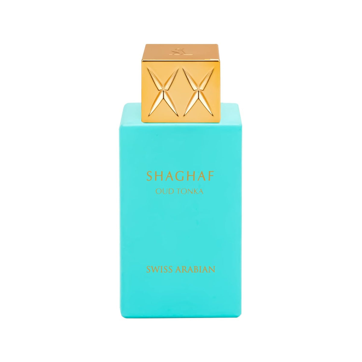 Hub Wavy Swiss Arabian Shaghaf Oud Tonka perfume bottle, 75ml unisex fragrance with elegant packaging and gold accents.