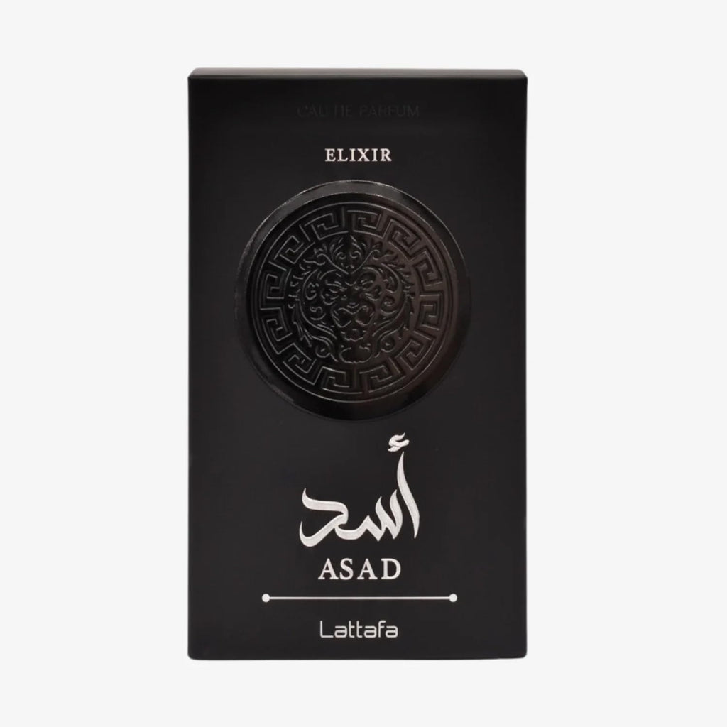 Hub Wavy Lattafa ASAD Elixir perfume bottle, 100ml, luxury unisex fragrance with rich, long-lasting scent and elegant design.