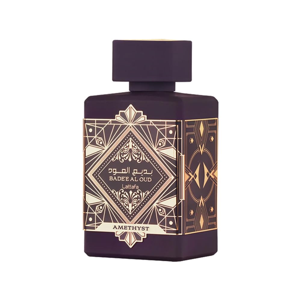 Lattafa Bade'e Al Oud Amethyst unisex perfume bottle by Hub Wavy, showcasing the elegant glass container with a purple hue.