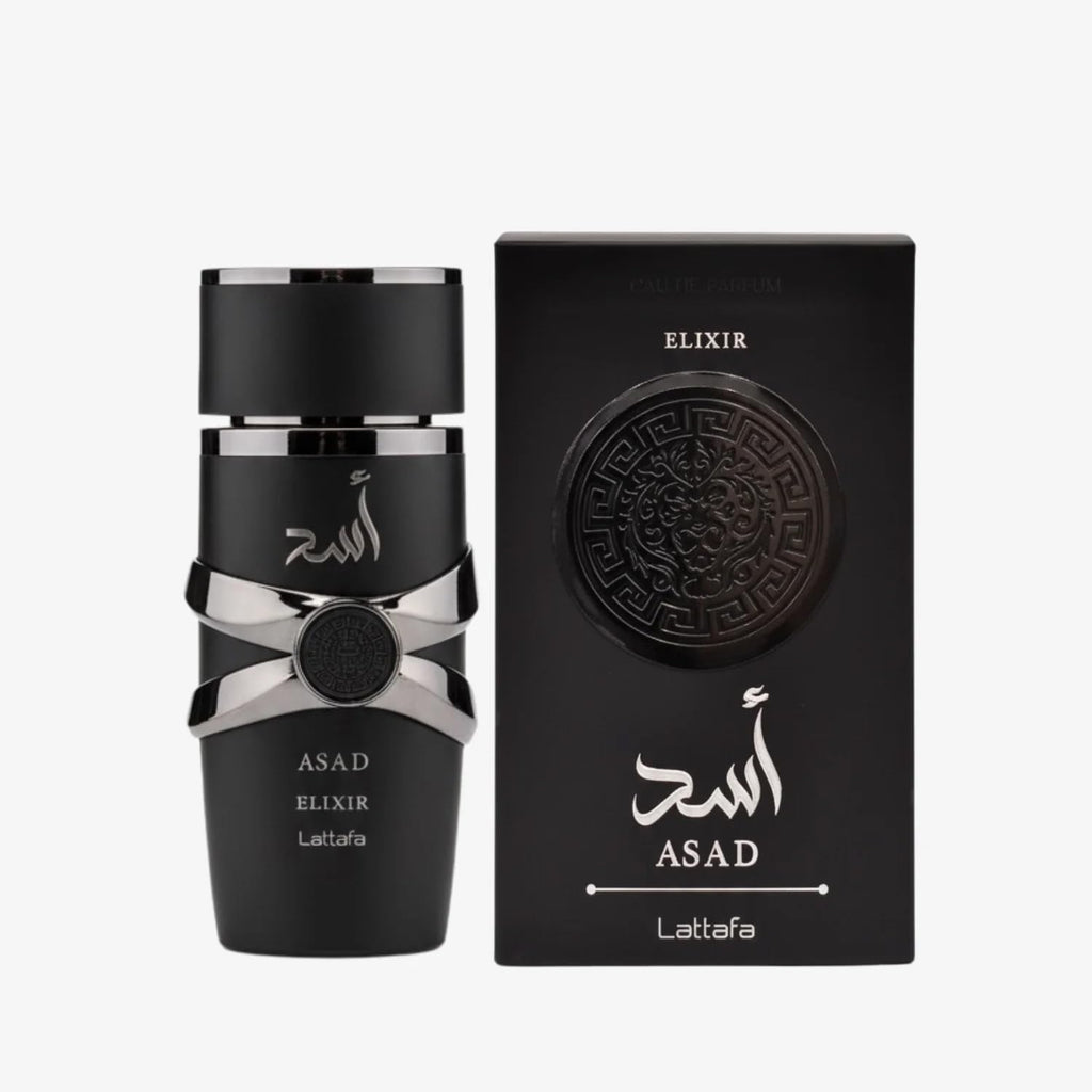 Hub Wavy Lattafa ASAD Elixir perfume bottle, luxury unisex fragrance with rich, long-lasting scent in 100ml bottle.