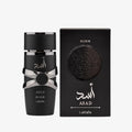 Hub Wavy Lattafa ASAD Elixir perfume bottle, luxury unisex fragrance with rich, long-lasting scent in 100ml bottle.