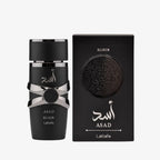 Hub Wavy Lattafa ASAD Elixir perfume bottle, luxury unisex fragrance with rich, long-lasting scent in 100ml bottle.