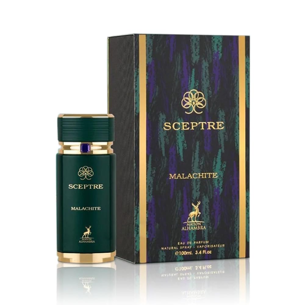Maison Alhambra Sceptre Malachite perfume bottle by Hub Wavy, featuring a sleek design, 3.40 oz (100 ml) unisex fragrance.