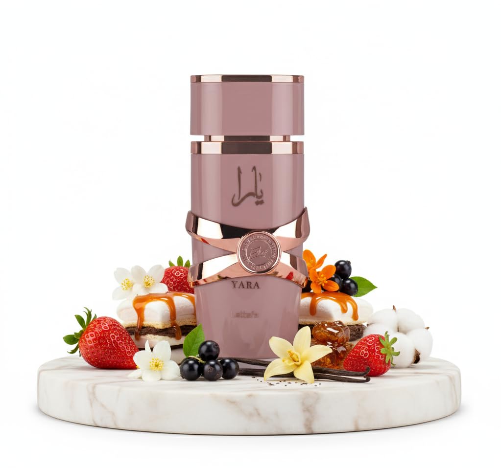 Hub Wavy Lattafa YARA Elixir perfume for women, 3.4 oz, elegant glass bottle with floral and fruity fragrance accents.