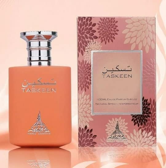Hub Wavy Paris Corner Taskeen Peach Tea perfume bottle, unisex fragrance with woody and fresh notes, 3.4 oz luxury perfume.