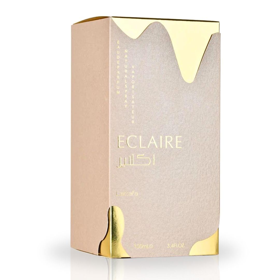 Lattafa Eclaire women’s perfume by Hub Wavy, 3.4 oz bottle, elegant luxury fragrance, displayed with perfume cap and packaging.