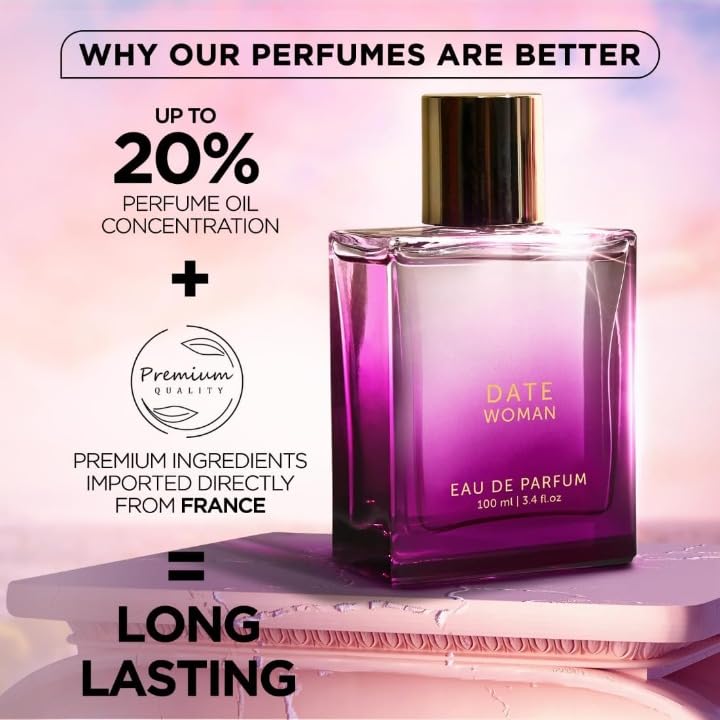 Hub Wavy Bellavita Luxury Date perfume bottle with floral, pink pepper, jasmine, and moss notes in a 3.4 fl oz container.