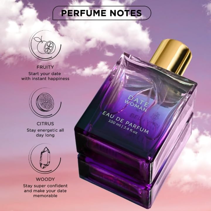 Hub Wavy Bellavita Luxury Date perfume bottle with floral, pink pepper, jasmine, and moss notes in a 3.4 oz elegant bottle.