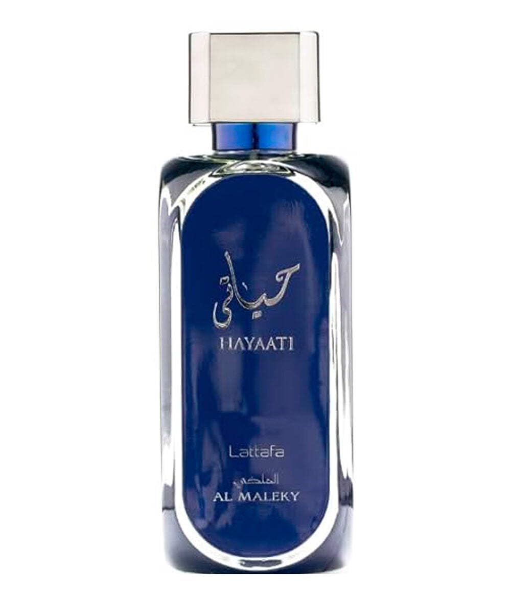 Lattafa Hayaati Al Maleky men's perfume by Hub Wavy, 3.4 oz bottle, showcasing elegant packaging and luxurious scent.