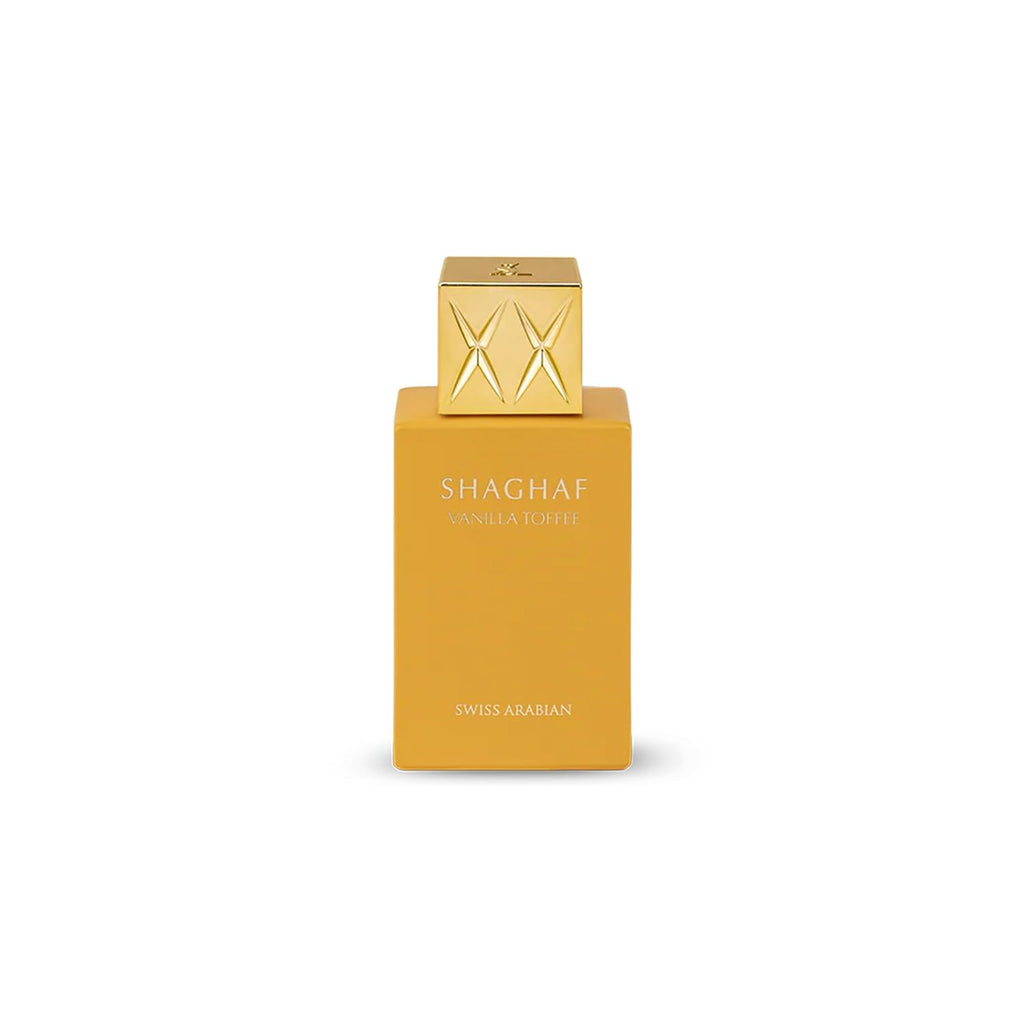 Hub Wavy Swiss Arabian Shaghaf Vanilla Toffee perfume bottle, 75ml, unisex fragrance with vanilla and toffee notes, elegant design.