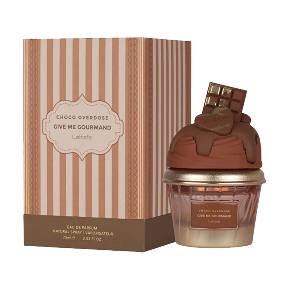 Hub Wavy Lattafa Choco Overdose perfume bottle, luxury unisex fragrance in 75 ml, elegant design with chocolate scent.