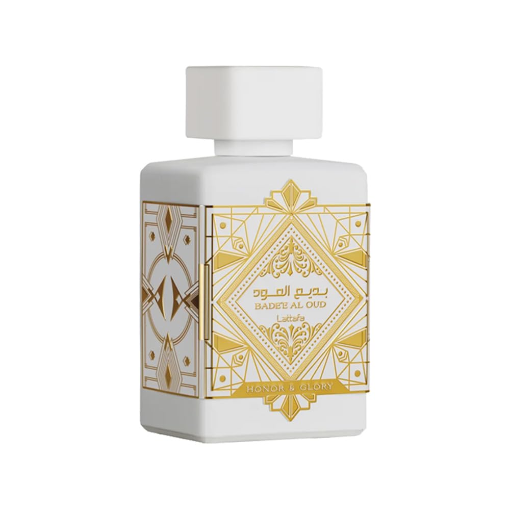 Hub Wavy Lattafa Bade'e Al Oud Honer & Glory perfume bottle, luxury unisex fragrance with elegant packaging, 100ml size.