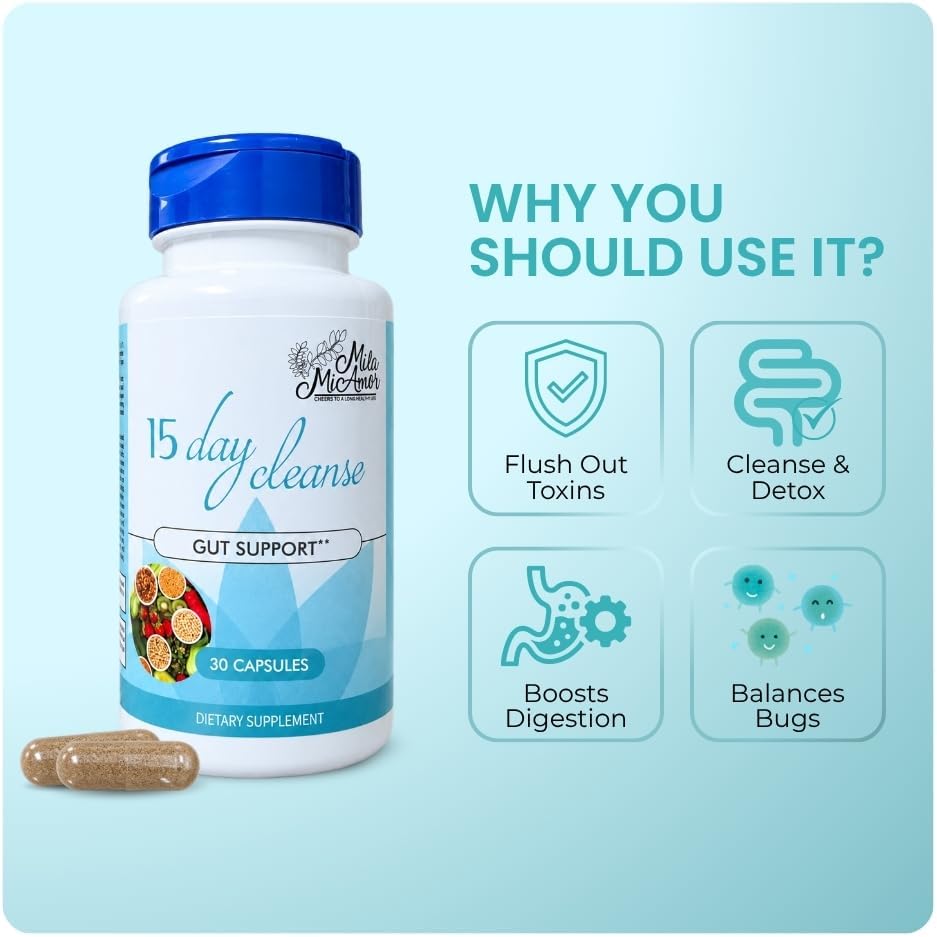 Mila Miamor 15 Day Cleanse - Gut and Colon Support - Advanced Gut Cleanse Detox for Women & Men with Senna, Cascara Sagrada & Psyllium Husk - Non-GMO - Made in USA - 30 Capsules