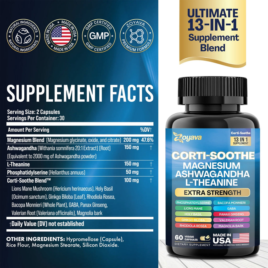 Cortisol Supplement Magnesium Glycinate 200mg L-Theanine 150mg Ashwagandha 150mg Phosphatidylserine 50mg & Cortisol Manager Lions Mane Holy Basil Ginkgo Biloba Bacopa Monnieri Valerian Root (60 Caps)