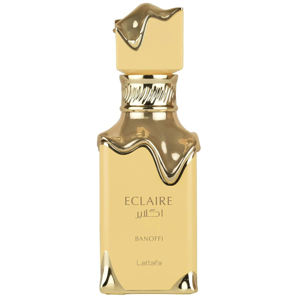 Hub Wavy Lattafa Eclaire Banoffi perfume bottle, luxury long-lasting fragrance for women, 3.4 ounces / 100 ml.