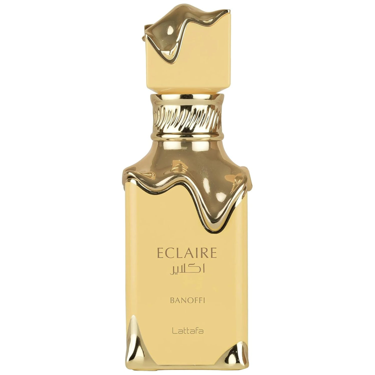 Hub Wavy Lattafa Eclaire Banoffi perfume bottle, luxury long-lasting fragrance for women, 3.4 ounces / 100 ml.