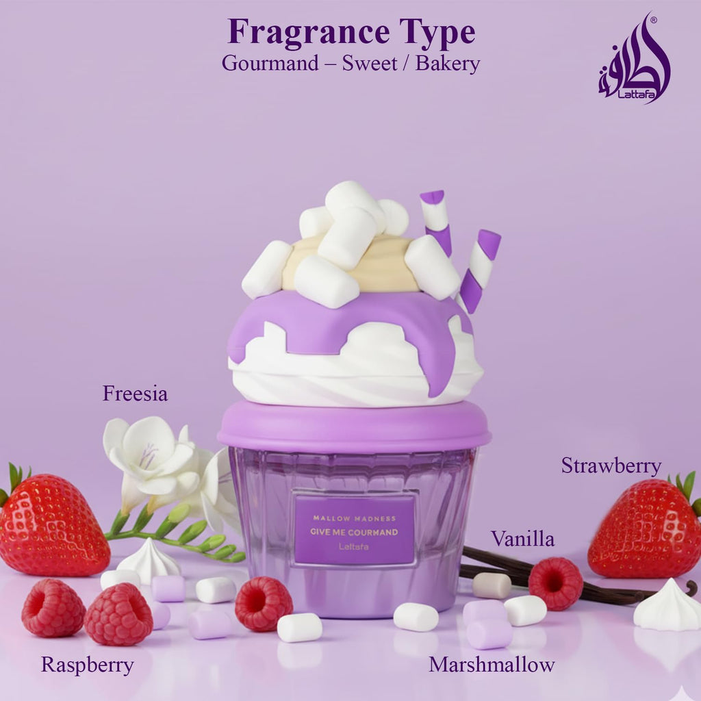 Hub Wavy Lattafa Mallow Madness perfume bottle, 75ml unisex fragrance with floral and sweet notes, stylish glass design.