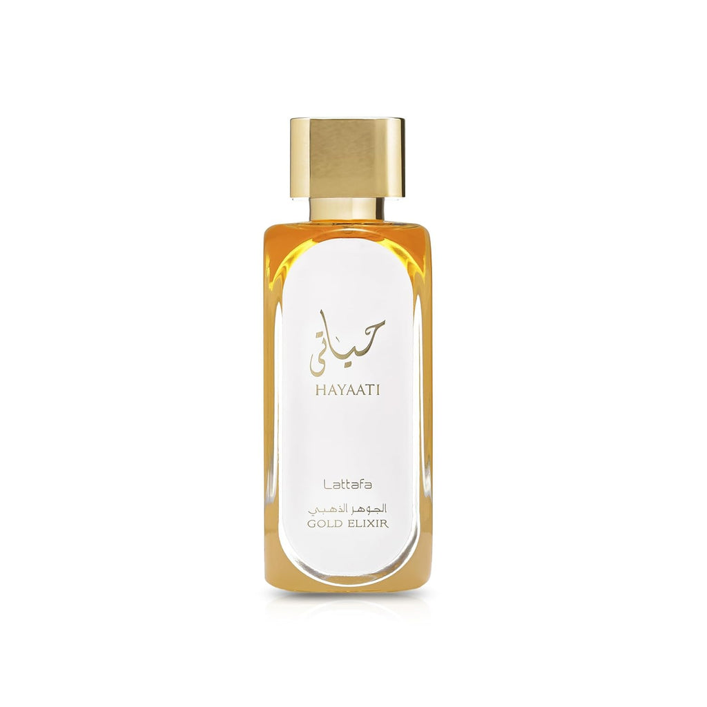 Hub Wavy Lattafa Hayaati Gold Elixir perfume bottle, luxury unisex fragrance with gold accents, 3.4 oz / 100 ml long-lasting scent
