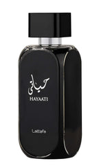 Hub Wavy Lattafa Hayaati perfume bottle for men, 3.4 oz, showcasing the luxury fragrance packaging.