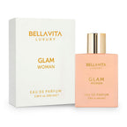 Hub Wavy Bellavita Luxury Glam perfume bottle with white floral, jasmine, and African orange scent, 3.4 oz for women.