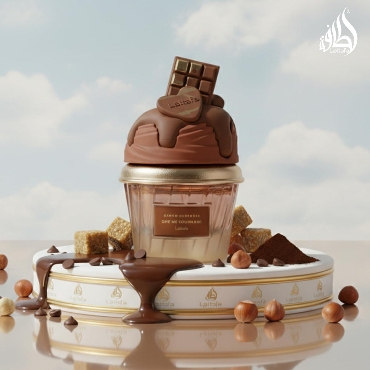 Hub Wavy Lattafa Choco Overdose perfume bottle, unisex luxury fragrance with chocolate scent, 75 ml, authentic design