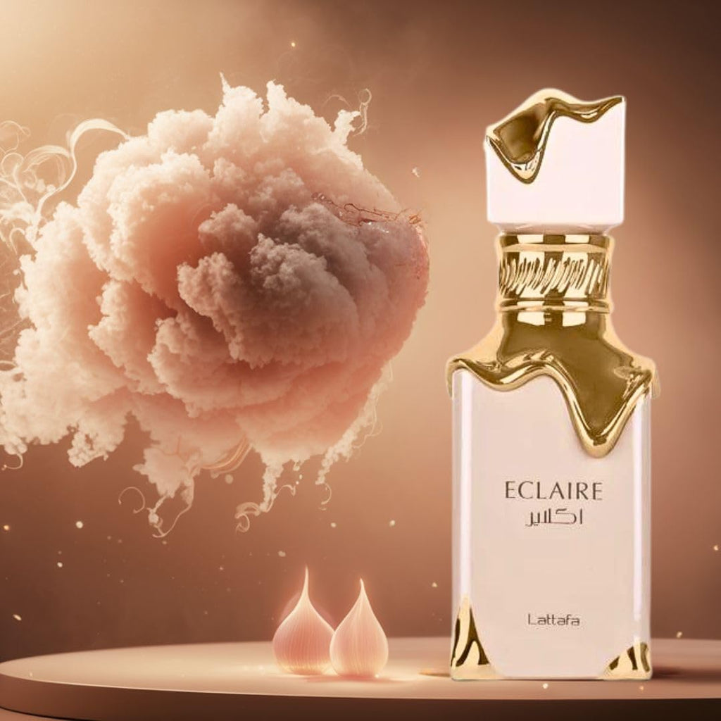 Hub Wavy Lattafa Eclaire for Women perfume bottle, 3.4 oz luxury fragrance, elegant design and floral notes visible.