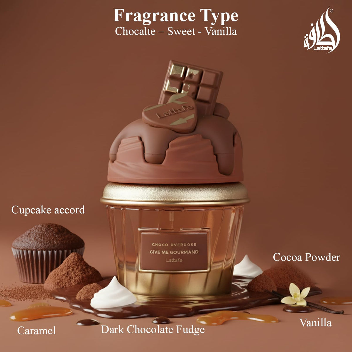 Hub Wavy Lattafa Choco Overdose perfume bottle, unisex luxury fragrance with chocolate scent in 75ml size, displayed on a neutral background.