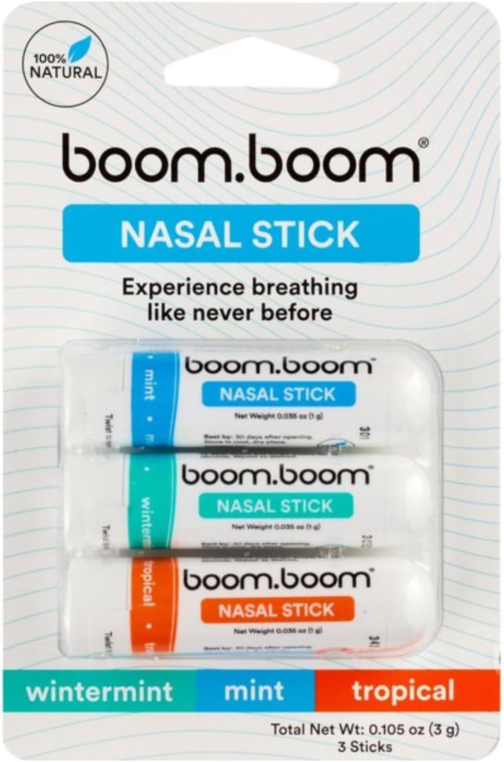 BoomBoom Nasal Stick, Essential Oils + Menthol Inhaler, Tropical, 3 Pack